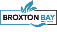 The image is a logo for Broxton Bay Apartments, a lakeside luxury living space.
